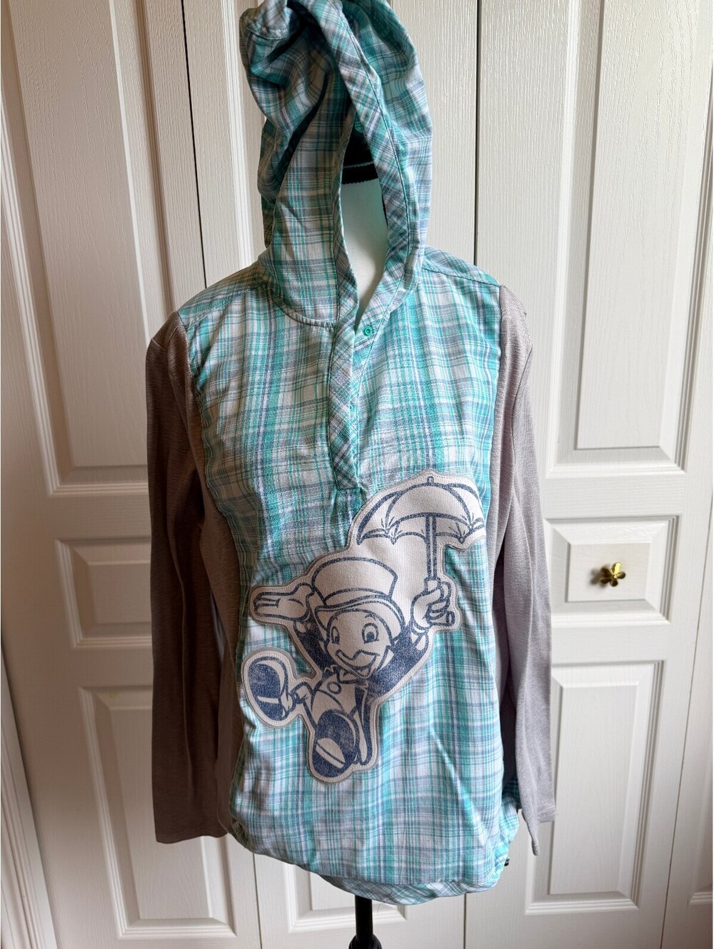 Sanders Mountain Upcycle Large Plaid Hooded Pullover w/ Jiminy Cricket